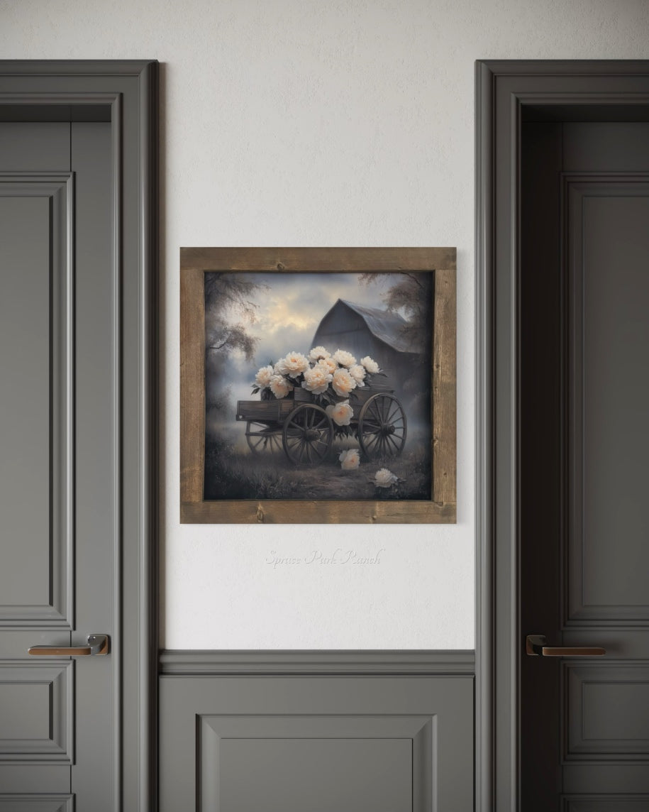 Grey Barn With Cream Flower Wagon Canvas Print