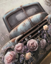 Blue Farm Truck And Roses Canvas Print Wide