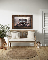Blue Farm Truck And Roses Canvas Print Wide