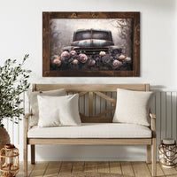 Blue Farm Truck And Roses Canvas Print Wide