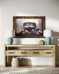 Blue Farm Truck And Roses Canvas Print Wide