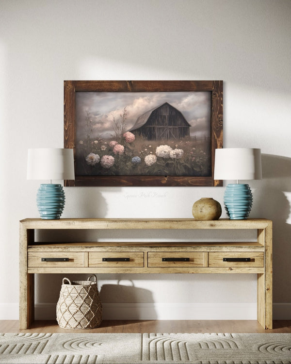 Rustic Barn and Hydrangeas Canvas Print Wide