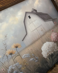White Barn in Mixed Flower Field Canvas Print