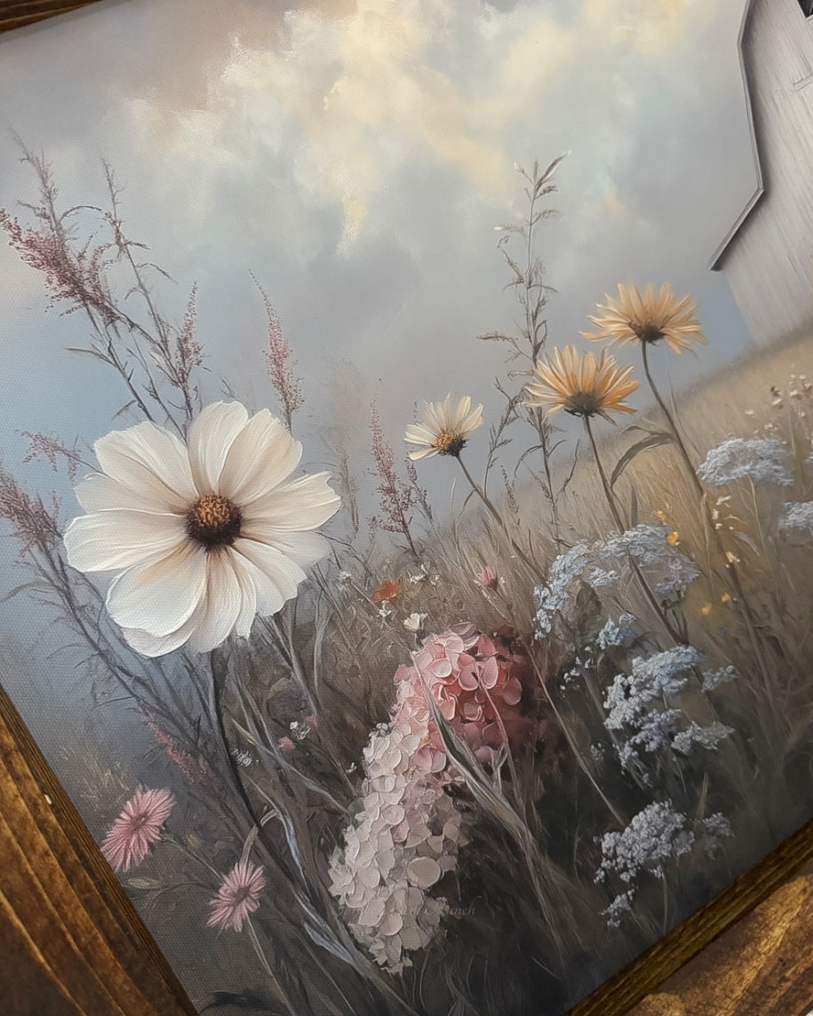 White Barn in Mixed Flower Field Canvas Print