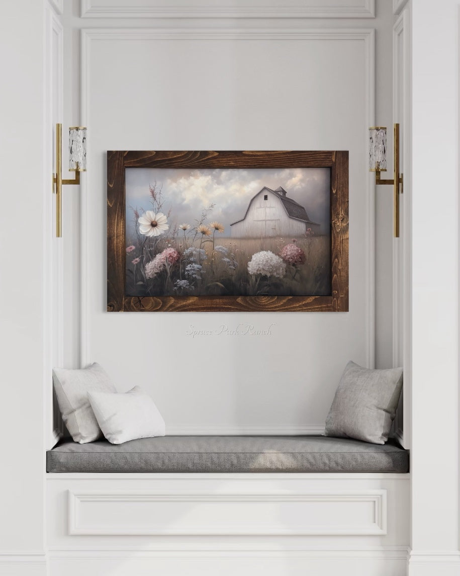 White Barn in Mixed Flower Field Canvas Print