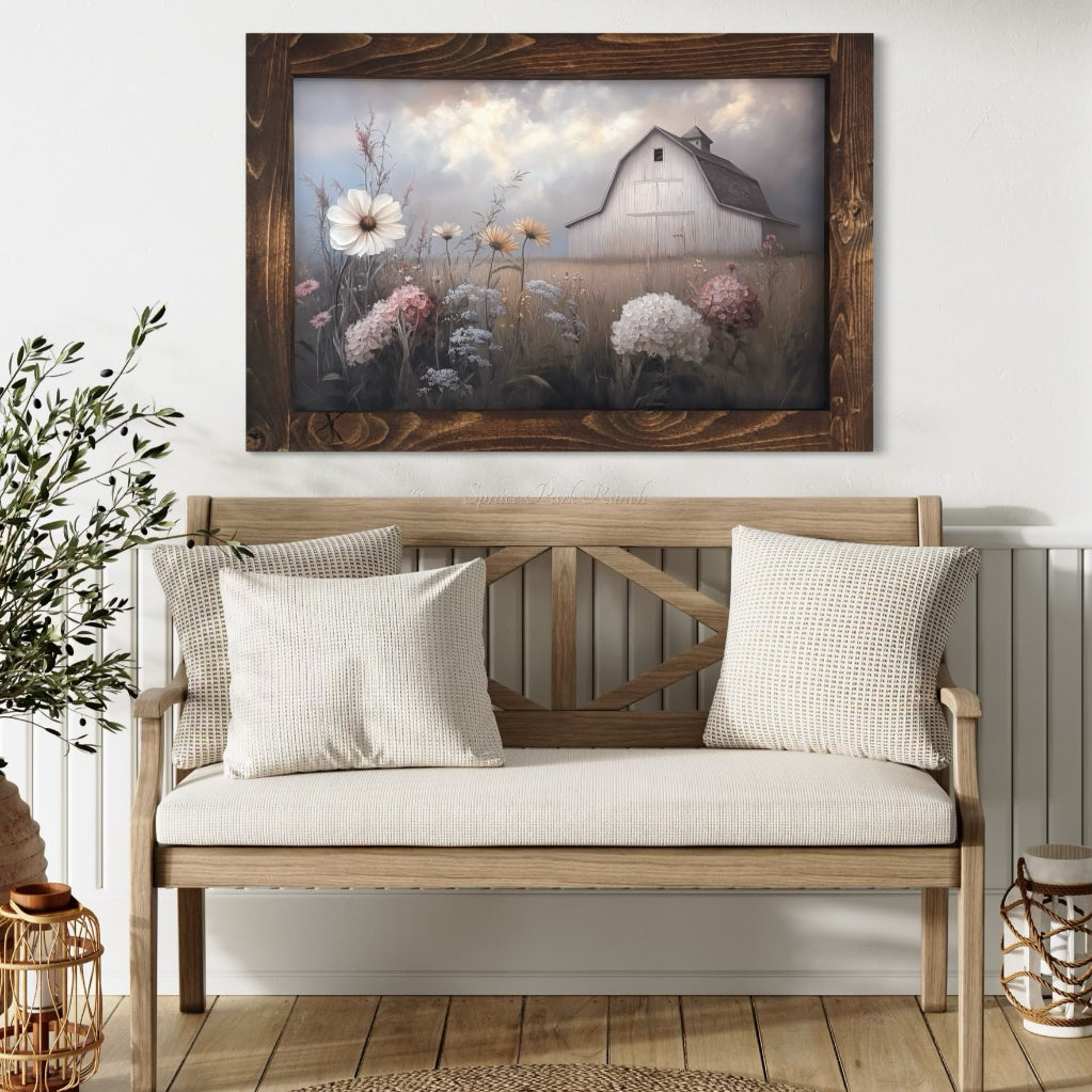 White Barn in Mixed Flower Field Canvas Print