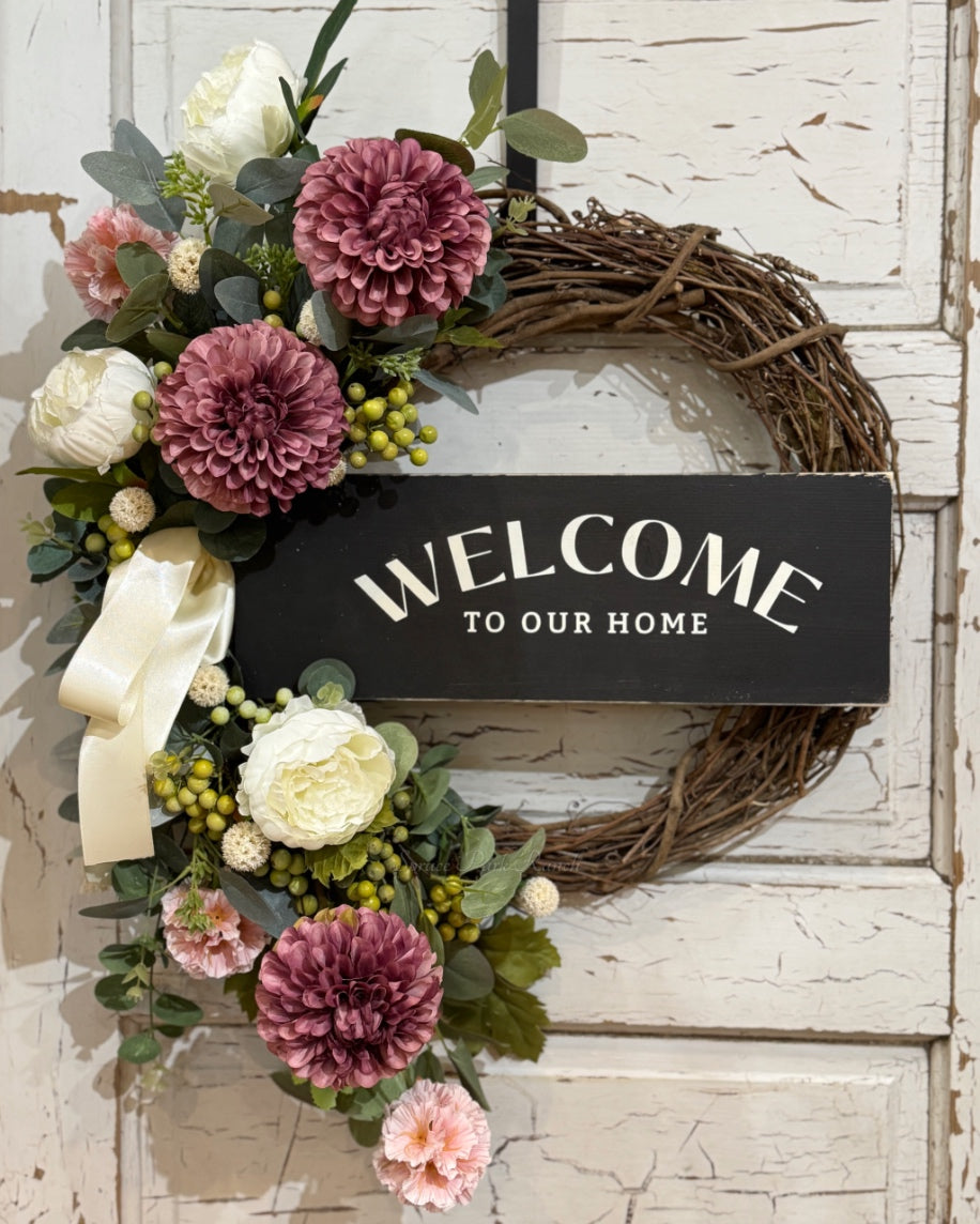 Welcome to Our Home Plum Dahlia Wreath