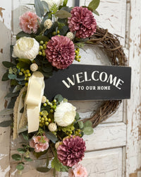 Welcome to Our Home Plum Dahlia Wreath