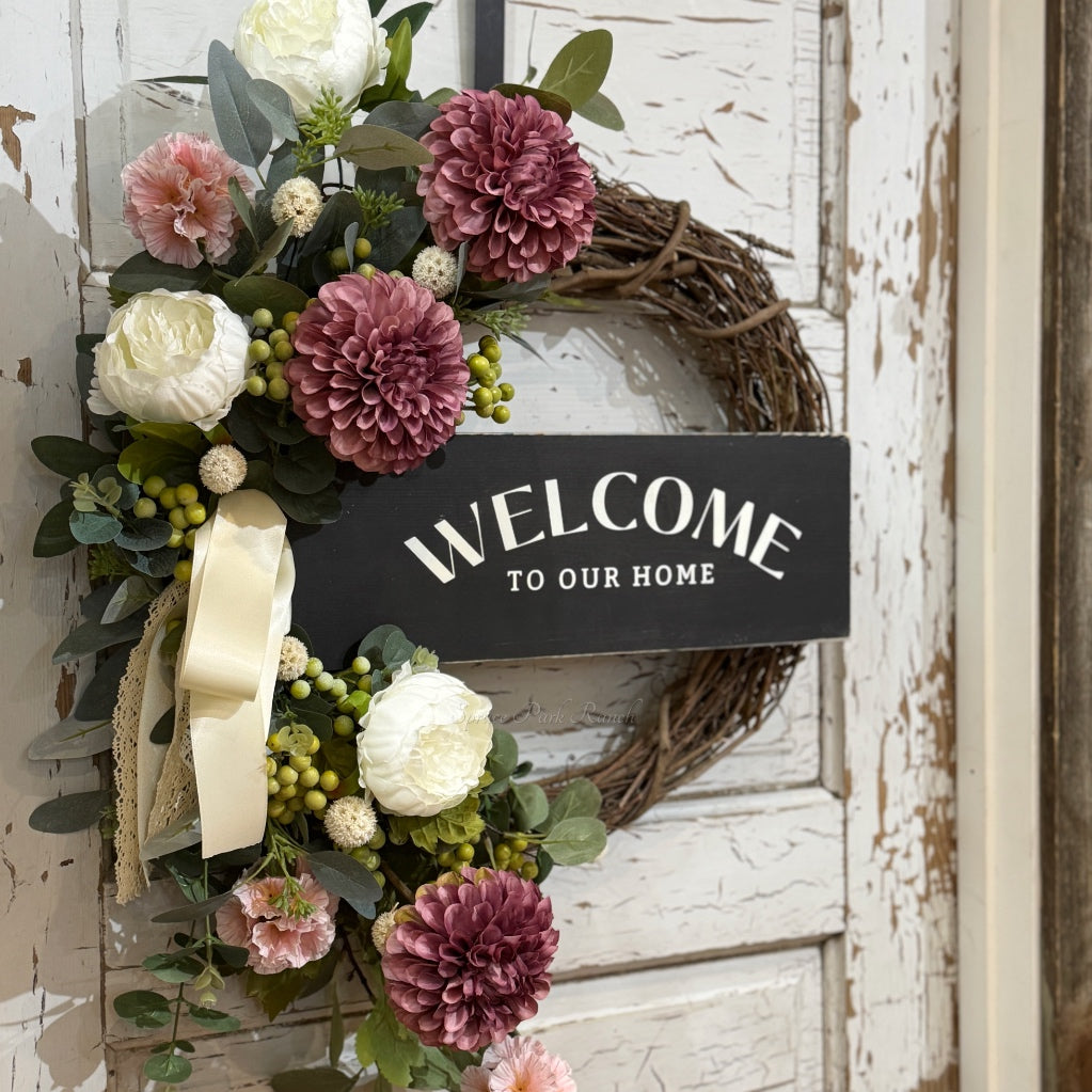 Welcome to Our Home Plum Dahlia Wreath