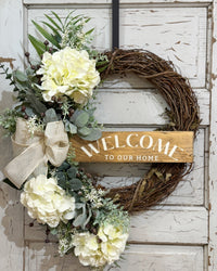 Welcome to Our Home White Hydrangea Wreath