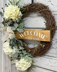 Welcome to Our Home White Hydrangea Wreath