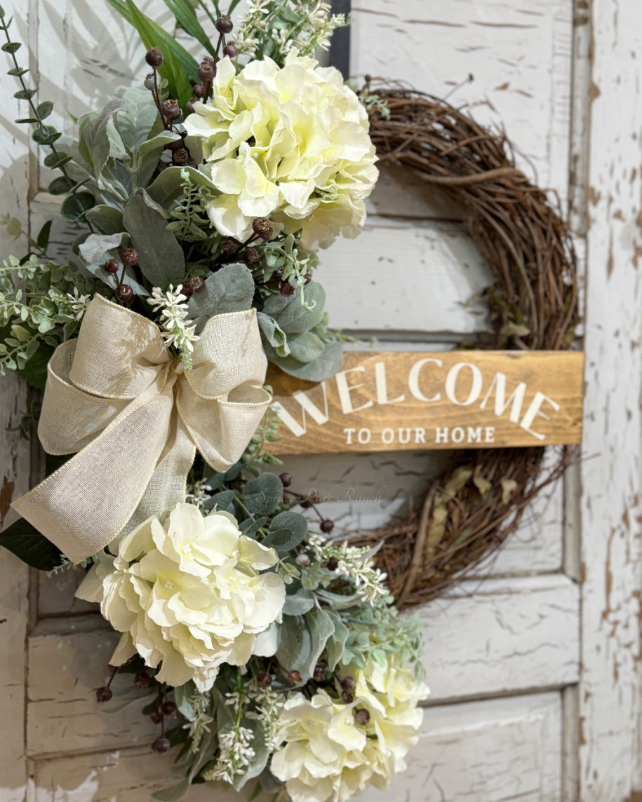Welcome to Our Home White Hydrangea Wreath