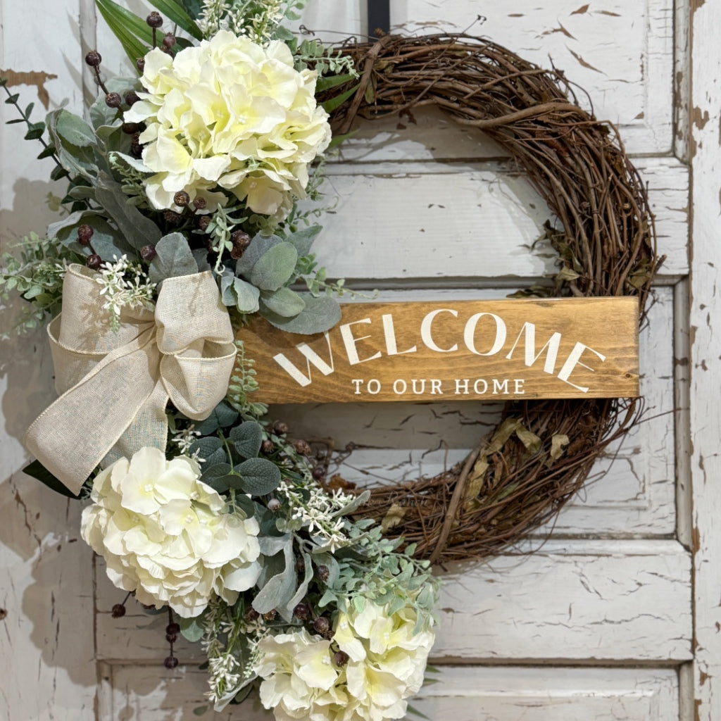 Welcome to Our Home White Hydrangea Wreath