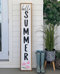 Reversible Wood Porch Sign Welcome/Hello Summer Pink Flowers