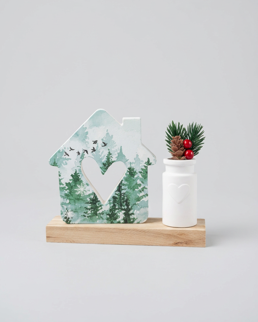 House With Heart and Vase Evergreens