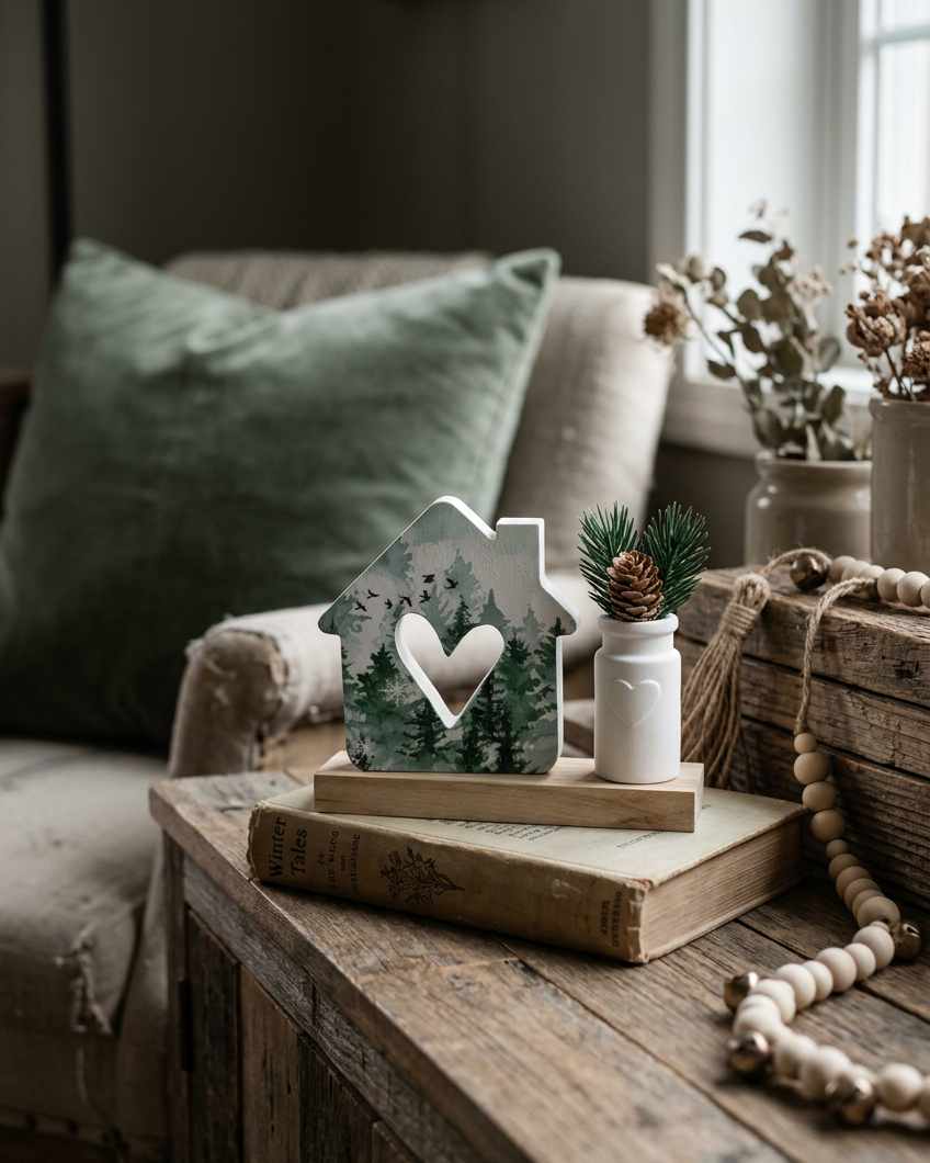 House With Heart and Vase Evergreens