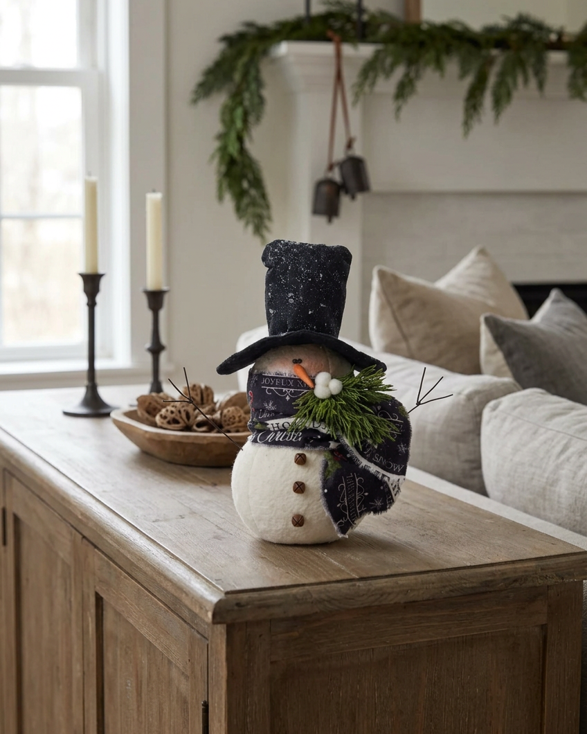 Top Hat Snowman With Black Christmas Scarf 10"H