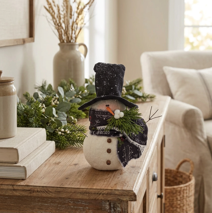Top Hat Snowman With Black Christmas Scarf 10"H