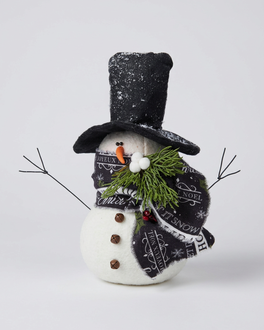 Top Hat Snowman With Black Christmas Scarf 10"H