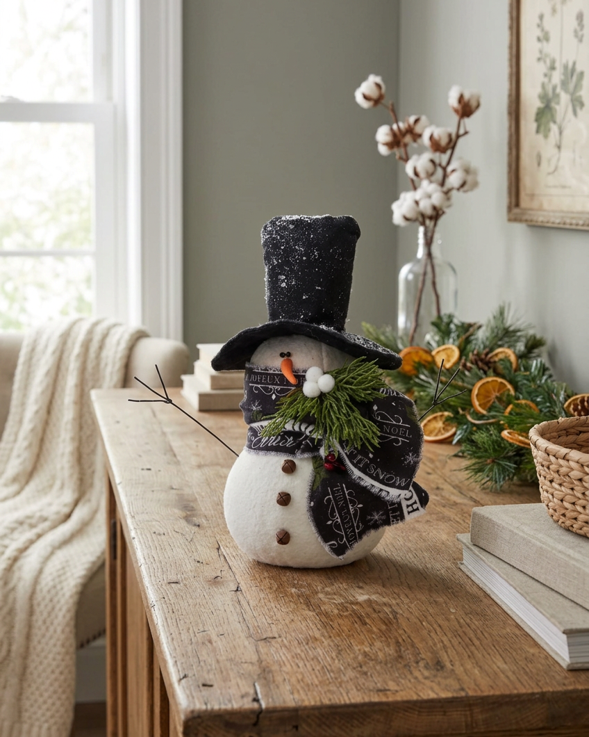 Top Hat Snowman With Black Christmas Scarf 10"H