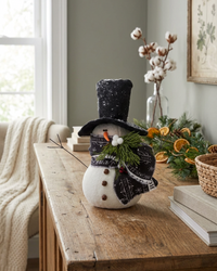 Top Hat Snowman With Black Christmas Scarf 10"H