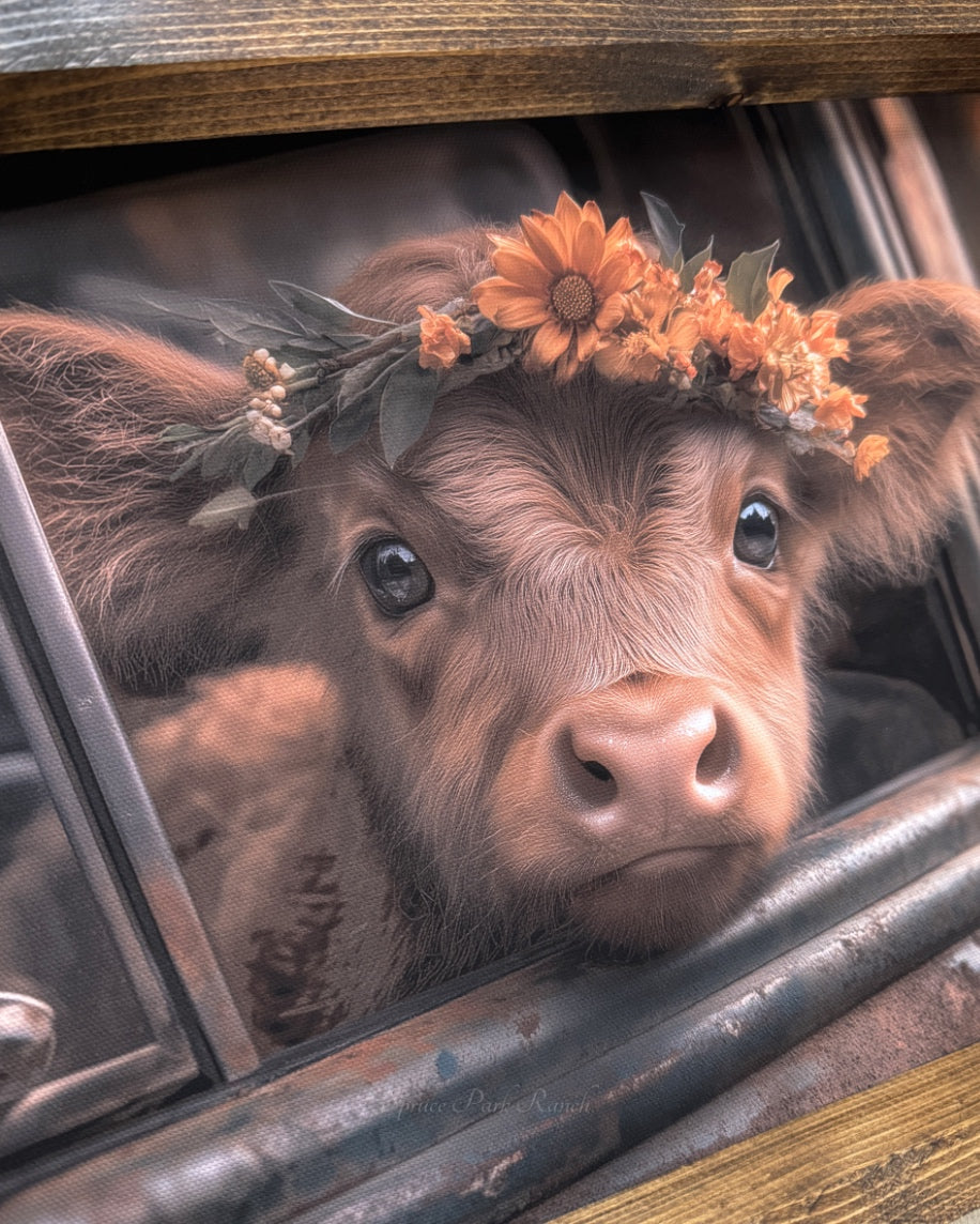 Brown Calf in Truck Canvas Print