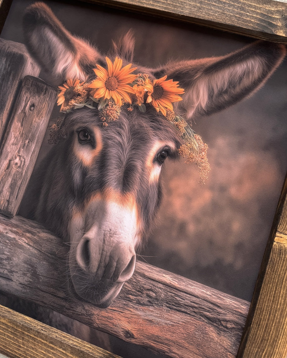 Brown Donkey with Sunflowers and Daisies Crown Canvas Print
