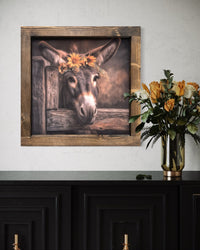 Brown Donkey with Sunflowers and Daisies Crown Canvas Print