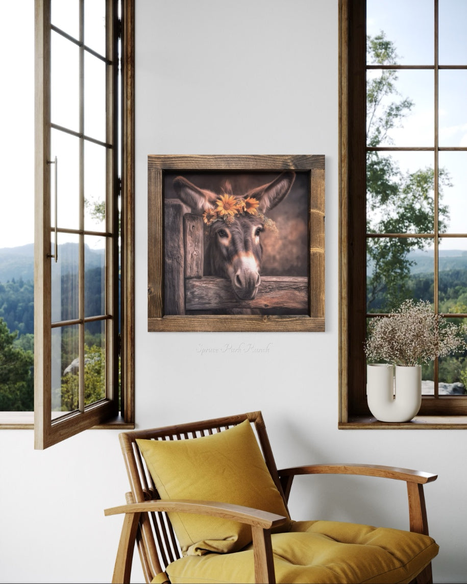 Brown Donkey with Sunflowers and Daisies Crown Canvas Print