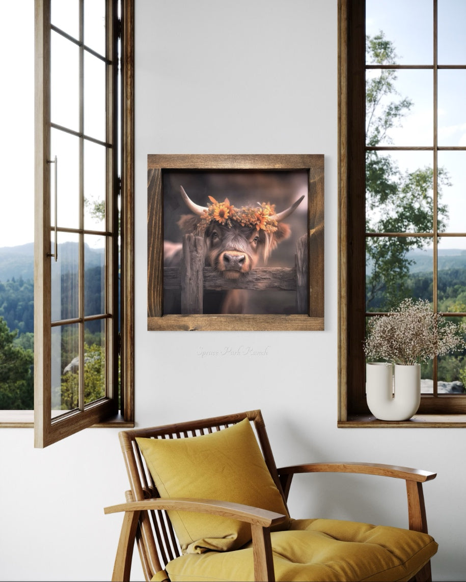 Brown Cow with Fall Floral Crown Canvas Print