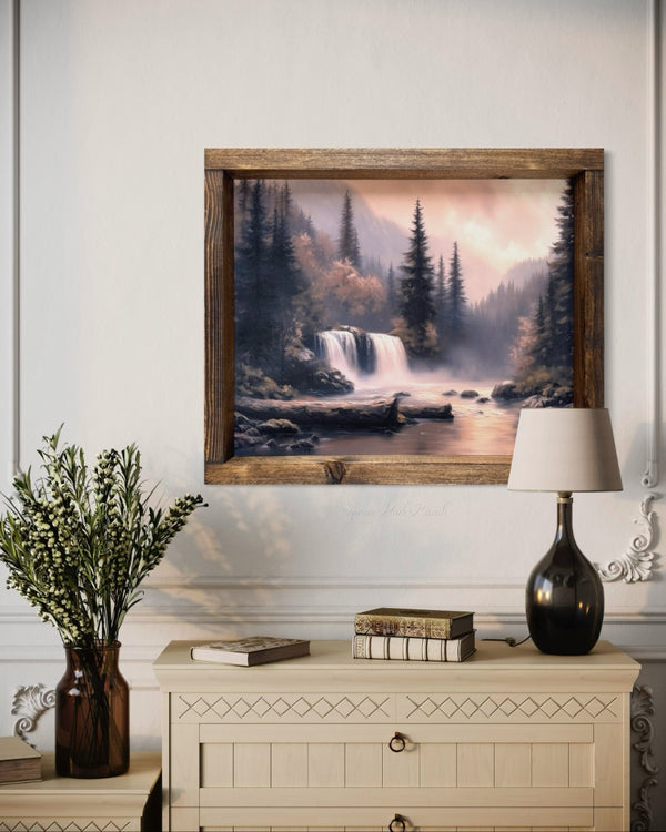 Twin Waterfall in Forest Subtle Pint Sunset Canvas Print