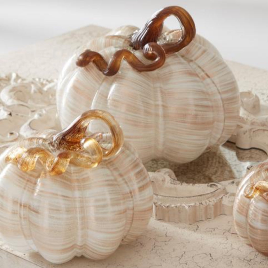 Cream and Gold Swirl Handblown Glass Pumpkin Round