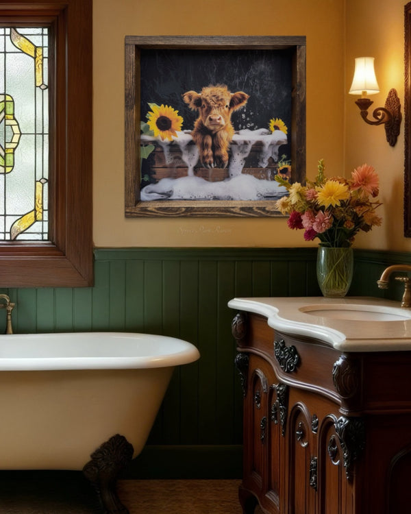 Tan Calf Suds and Sunflowers Canvas Print