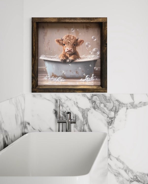 Horned Highland Calf in Blue Tub Canvas Print