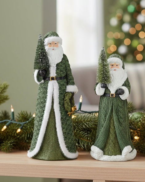 Santa with Green Coat and Bottle Brush Tree