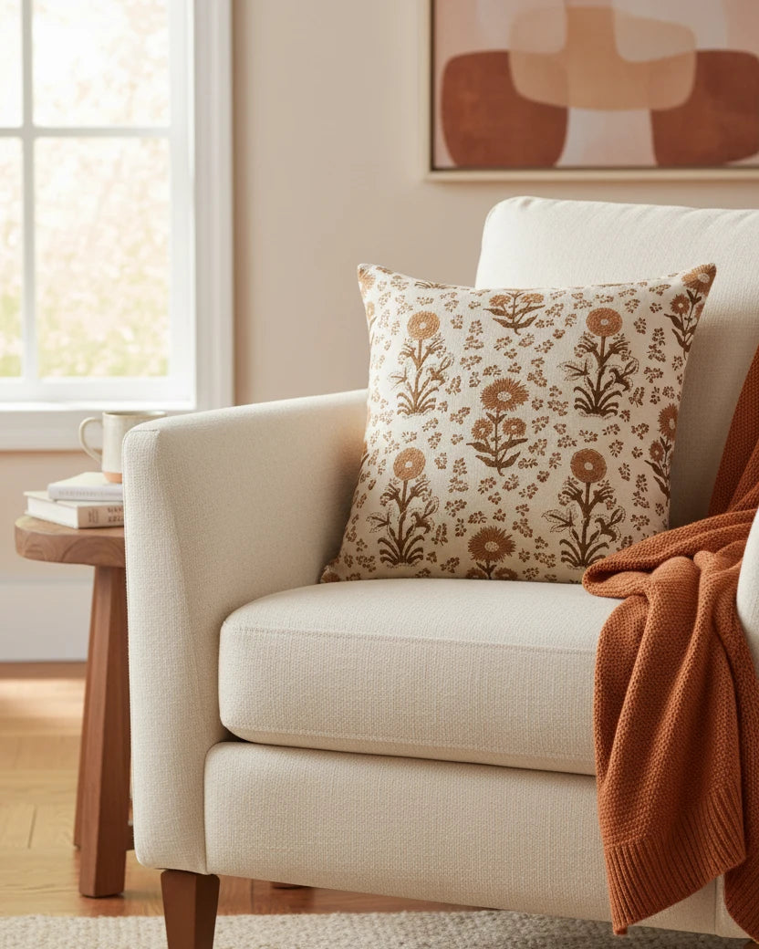 Multi-Dusty Rose Cotton Block Throw Pillow