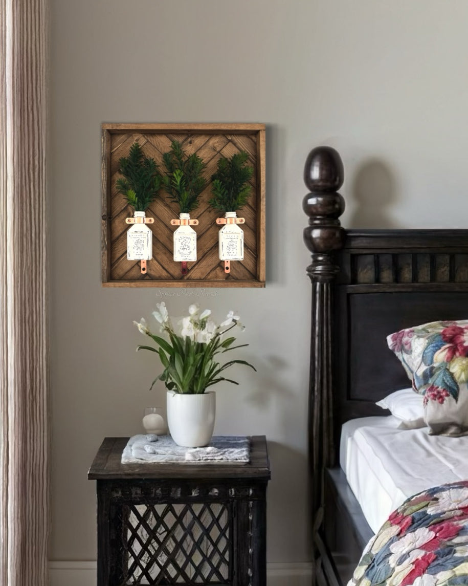 Square Flat Bottles Hanger Wood Frame Herringbone With Evergreens