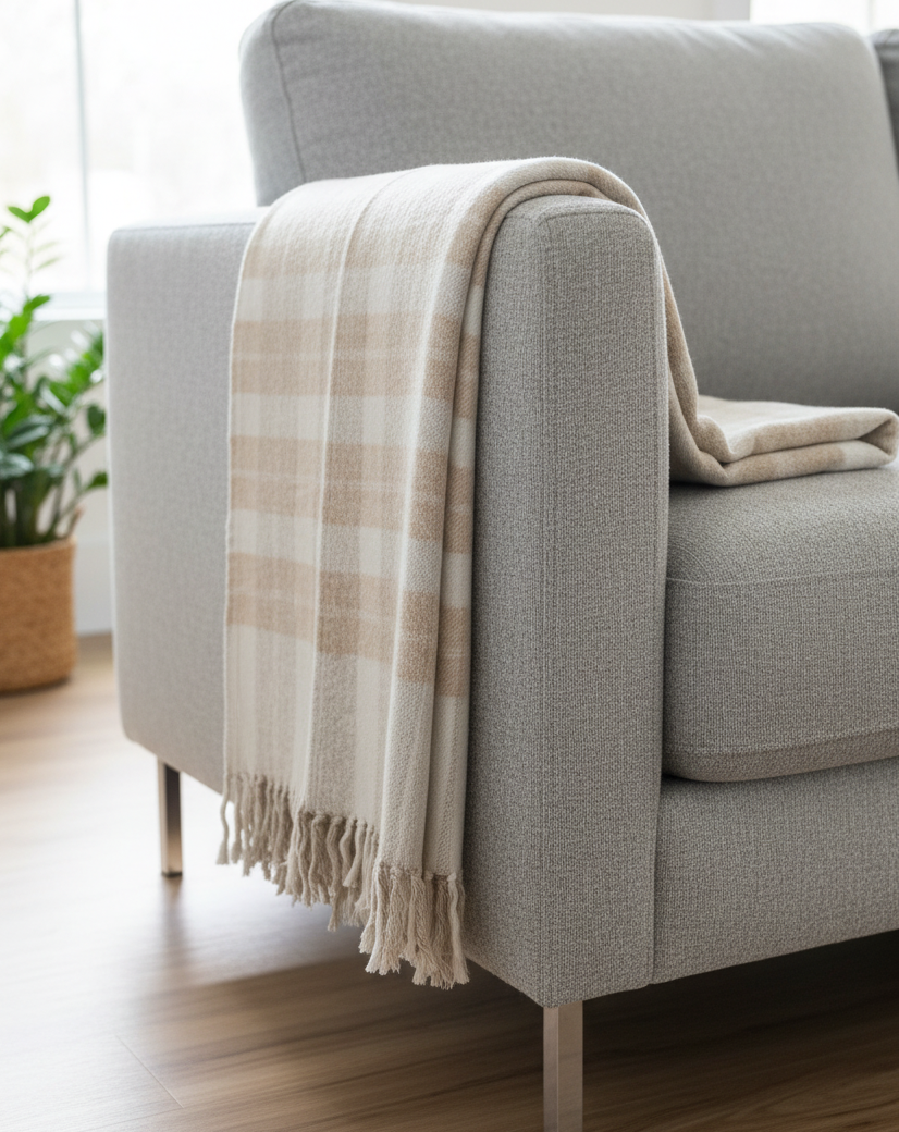 Brushed Cotton Checkered Throw with Fringes