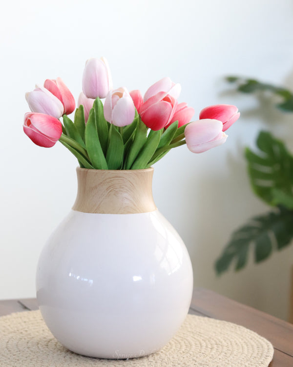 White Stoneware Vases With Wood Decal Detail