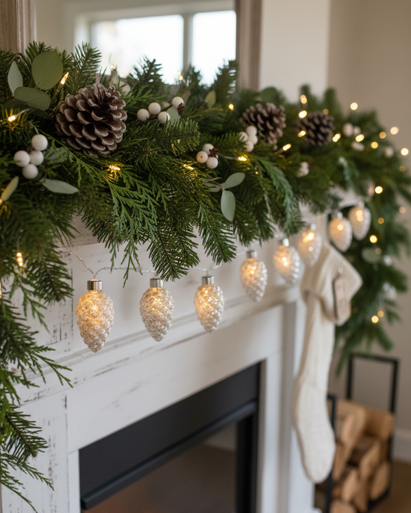 Mercury Glass Warm Glow LED Pinecone Garland White Frosted