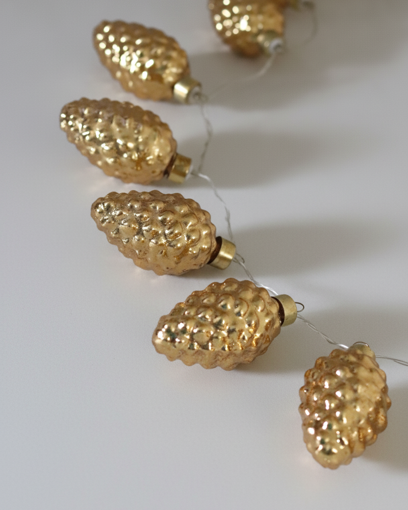 Mercury Glass Warm Glow LED Pinecone Garland Gold
