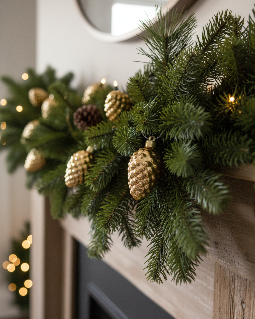 Mercury Glass Warm Glow LED Pinecone Garland Gold