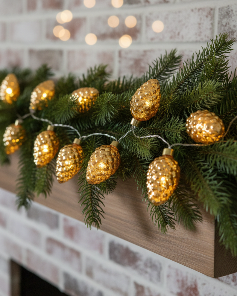 Mercury Glass Warm Glow LED Pinecone Garland Gold
