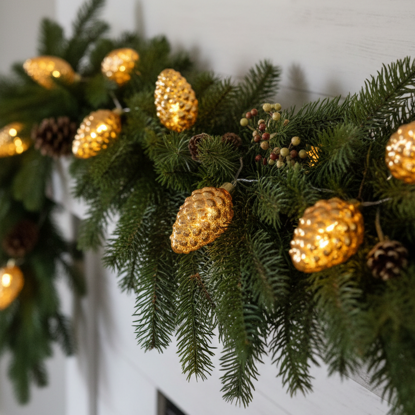 Mercury Glass Warm Glow LED Pinecone Garland Gold