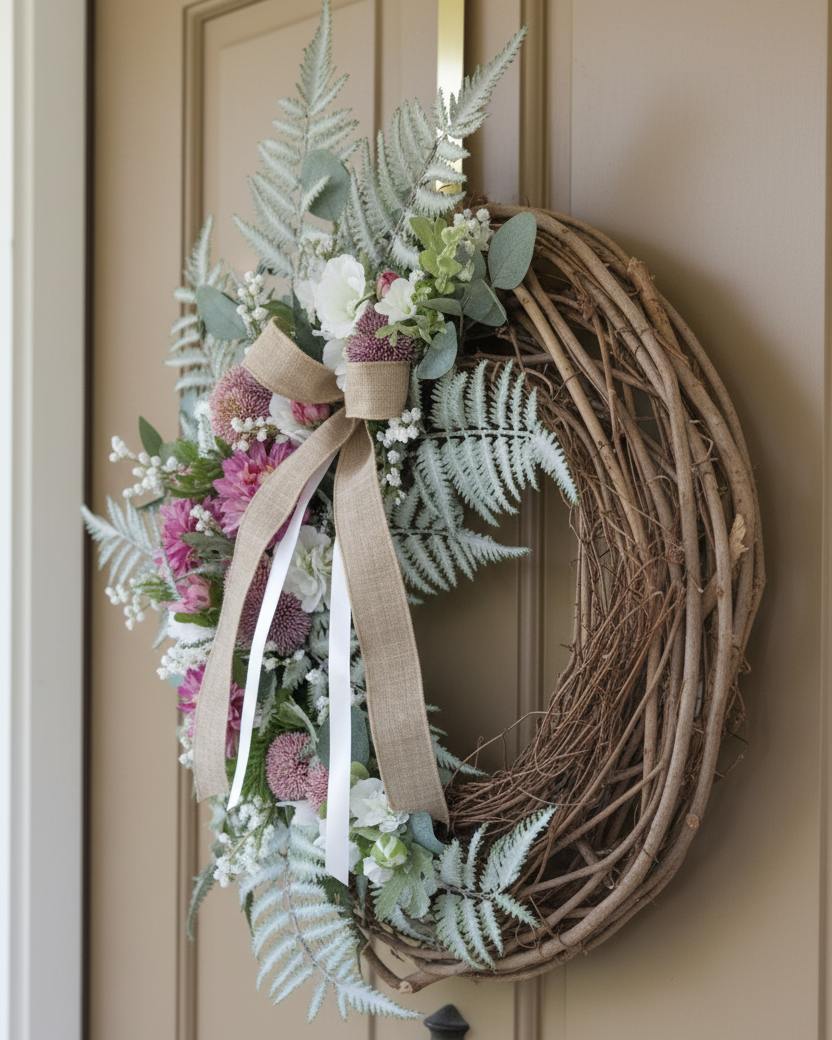 Purple Dahlia and Hollyhock Fern Wreath