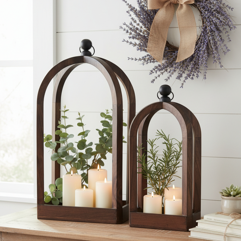 Dark Wood Narrow Rectangular Bottom Lantern