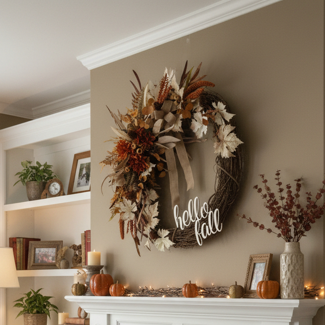 Hello Fall Maple and Mum Wreath 32”H