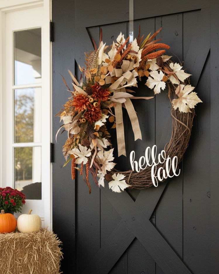 Hello Fall Maple and Mum Wreath 32”H