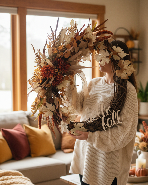 Hello Fall Maple and Mum Wreath 32”H