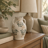 Beige and Green Flower Crackle Stoneware Vase With Handles